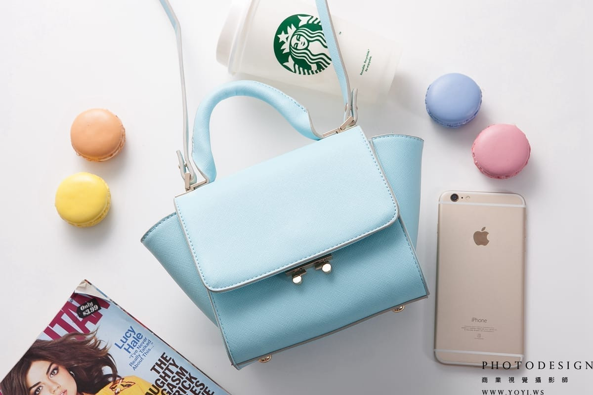 網拍女包 - 圓筒包的俯視角度拍攝，適用於電商主圖