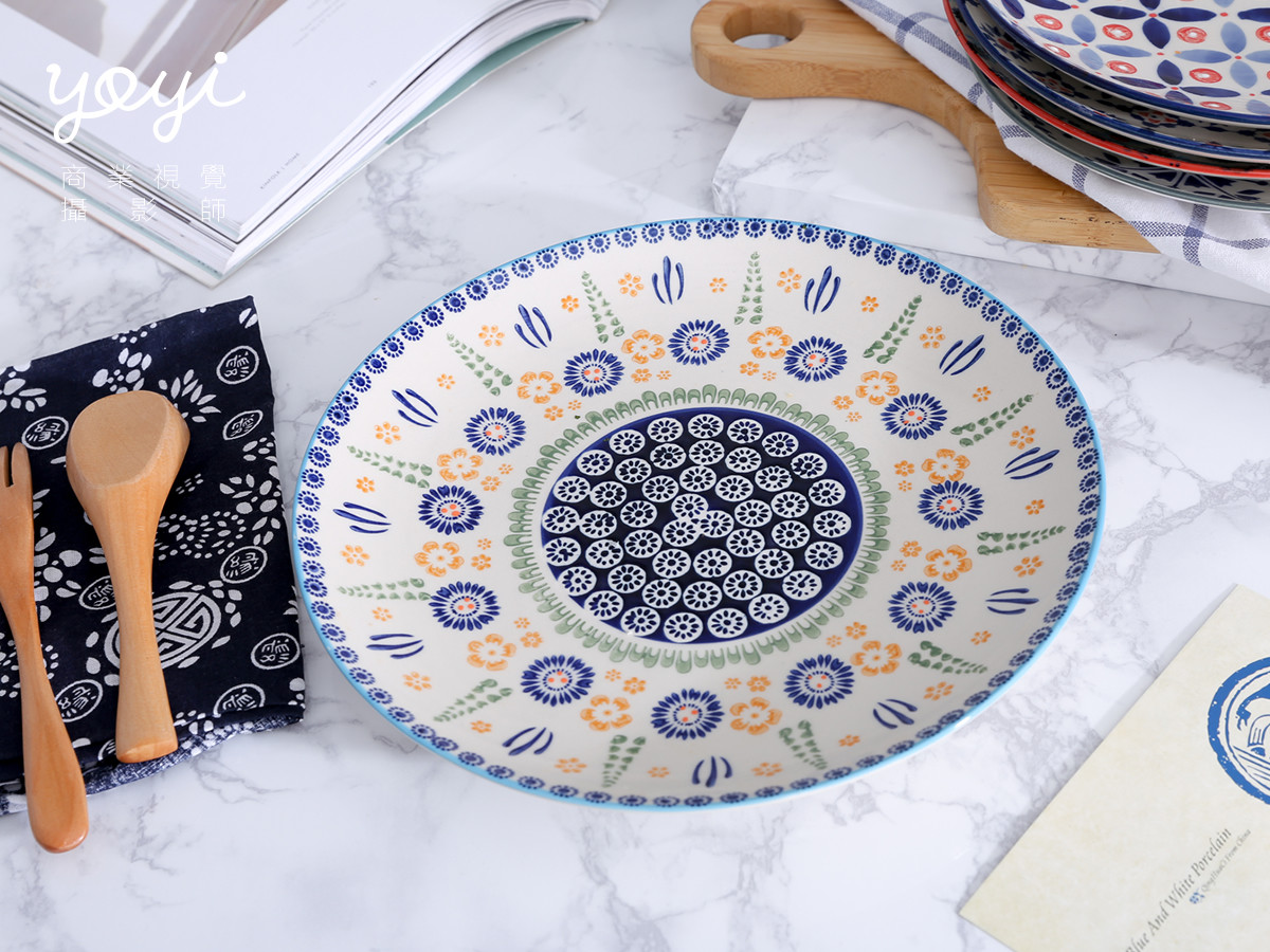 汶欣實業陶瓷餐盤攝影，細緻花紋與釉面質感呈現
