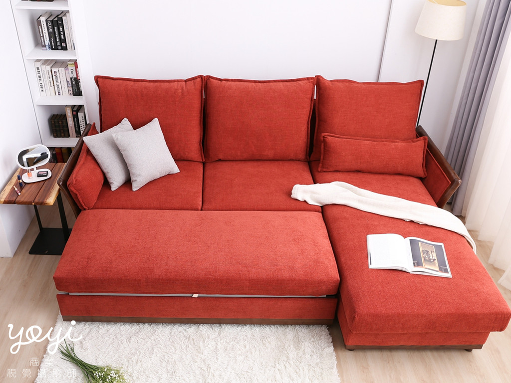 家具商品攝影｜現代風鮮紅 L 型布沙發與客廳空間美學攝影 49