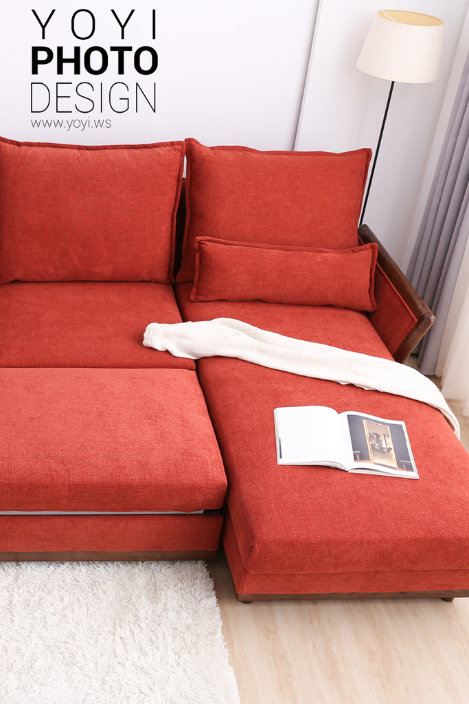 家具商品攝影｜現代風鮮紅 L 型布沙發與客廳空間美學攝影 83
