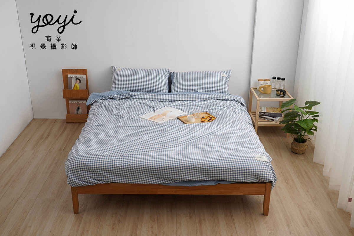 寢具商品攝影｜馬來西亞品牌藍白格紋雙人床包居家情境攝影 5