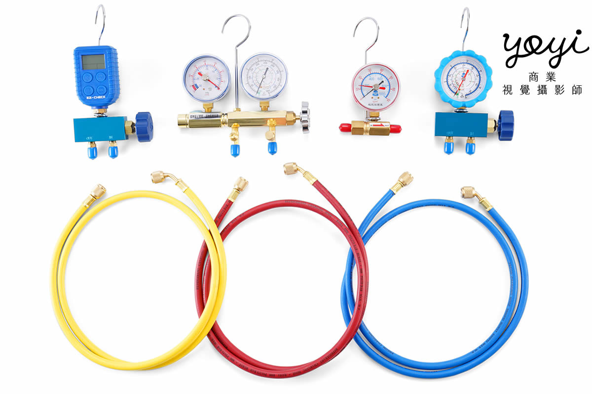 工業攝影與工廠拍攝 - HCG和成、農機與精密零件實例 | 優奕數位 22 冷氣維修儀器攝影,壓力錶與管線配件成套展示