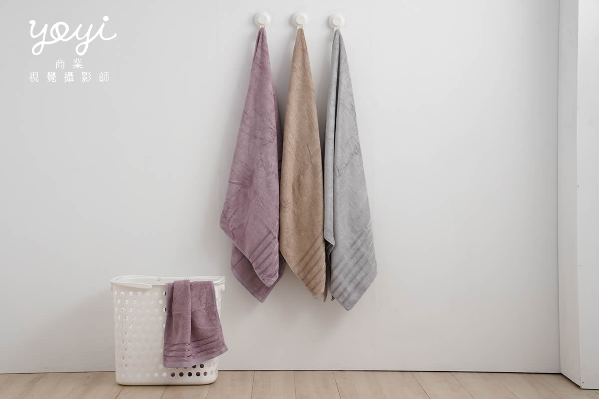 毛巾商品攝影｜質感灰粉配色浴巾與衛浴空間生活美學攝影 3