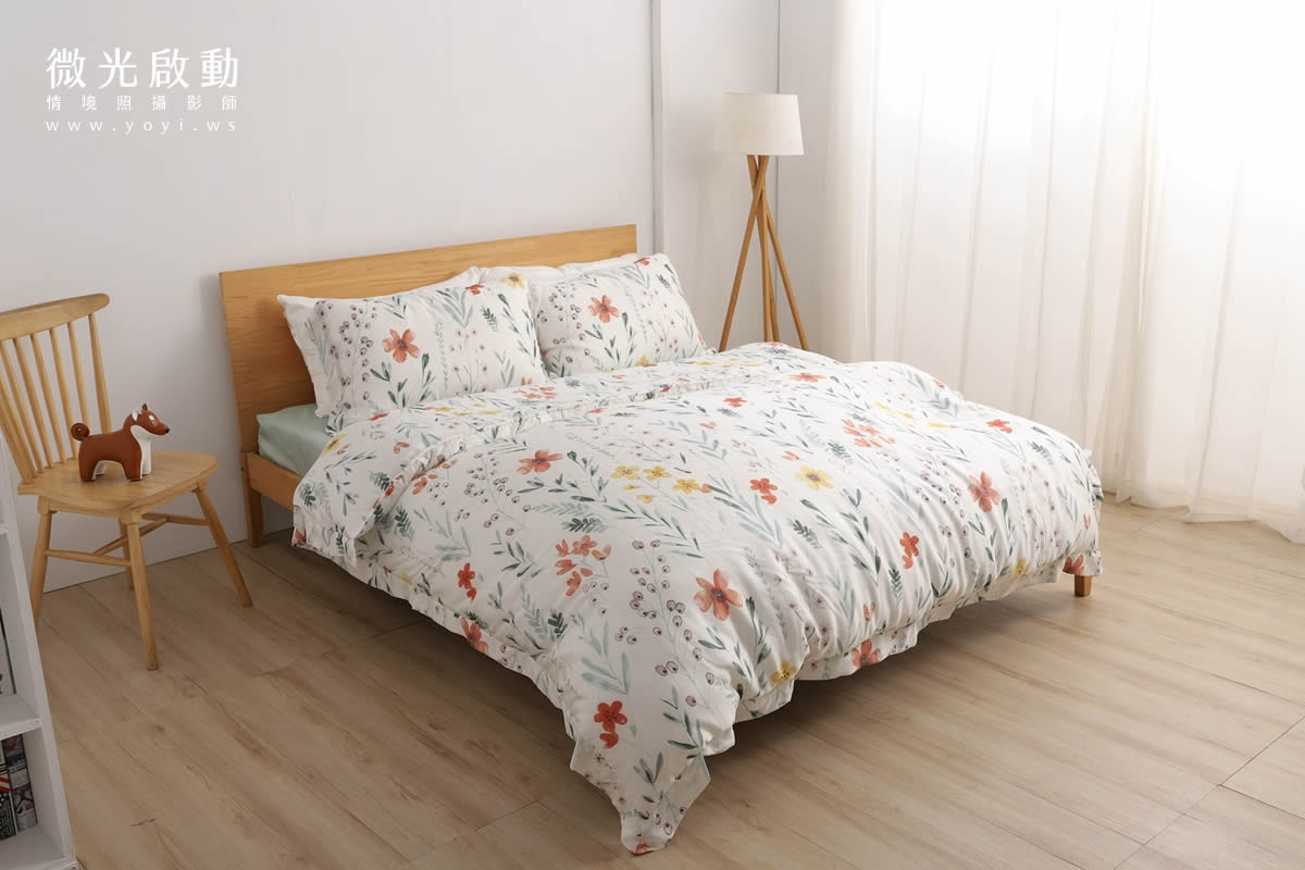 寢具商品攝影｜粉色系碎花圖騰雙人床包組居家風格攝影 1