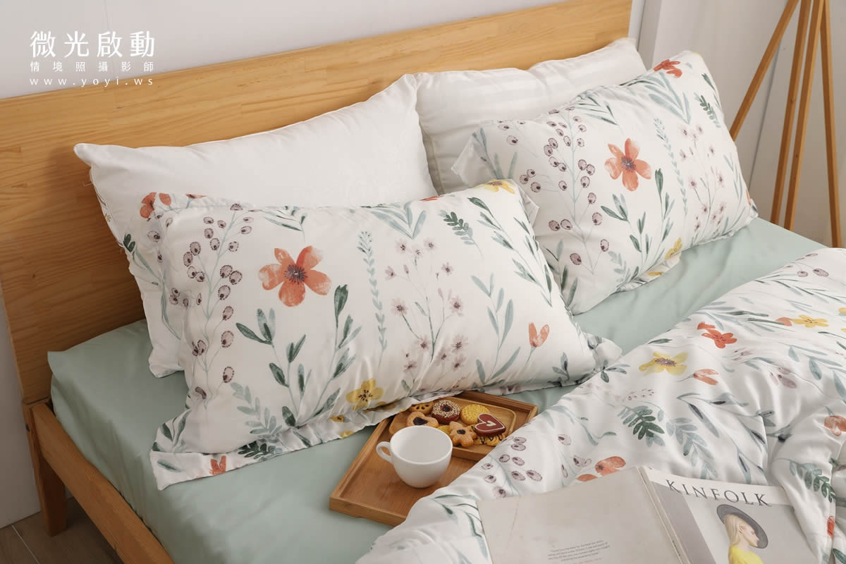 寢具商品攝影｜粉色系碎花圖騰雙人床包組居家風格攝影 3