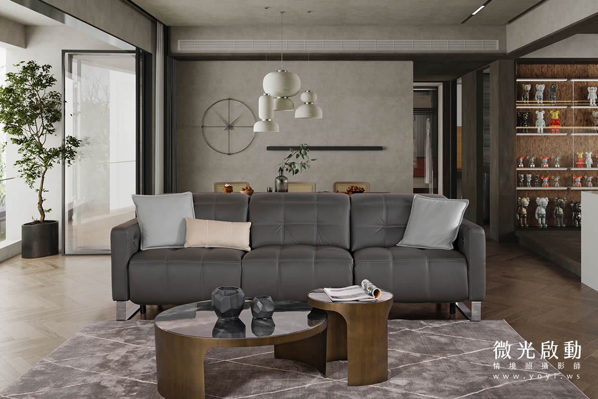 家具商品攝影｜現代簡約風灰色L型沙發客廳美學情境攝影 1
