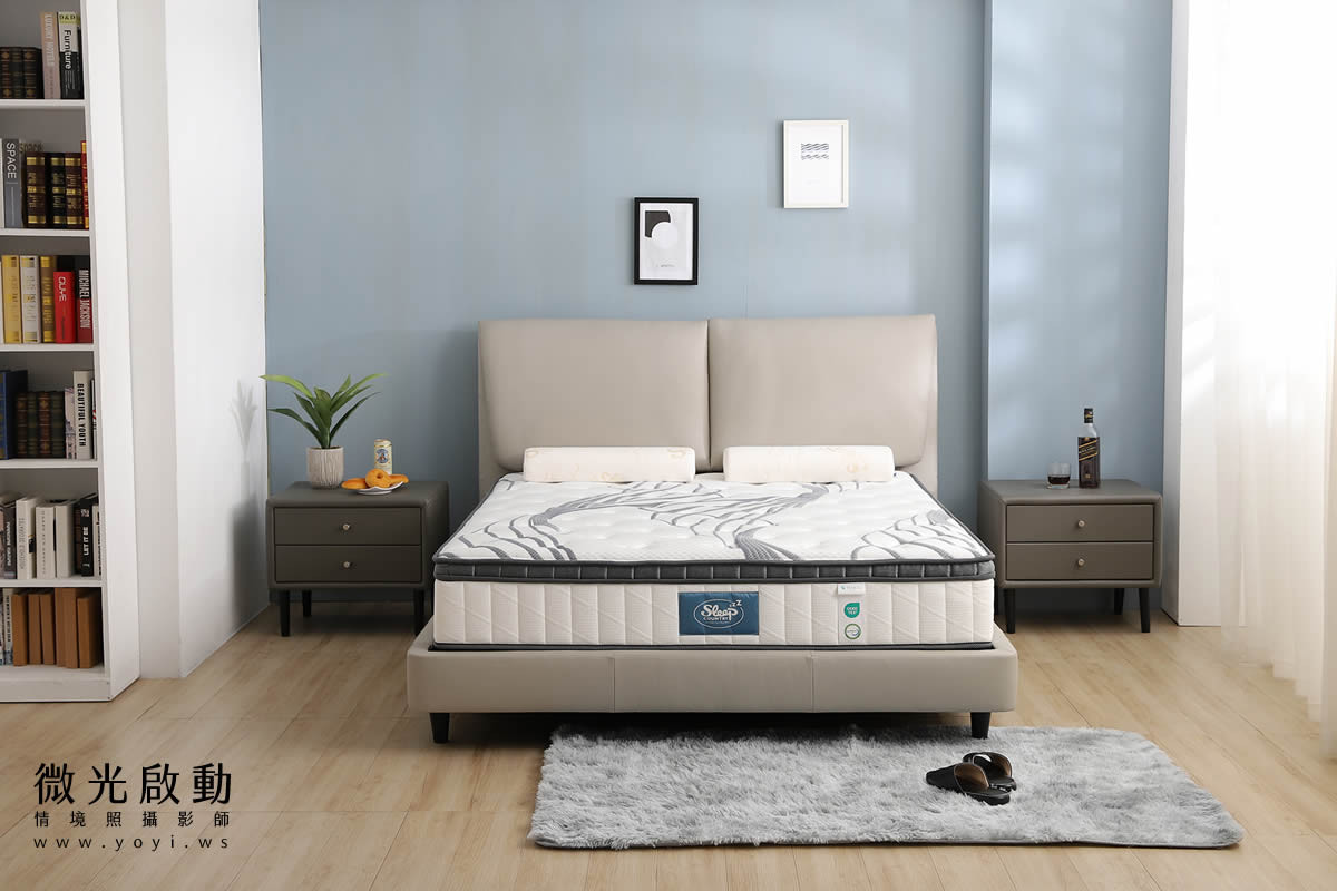 床墊家具攝影｜高支撐機能床墊與質感床架明亮情境攝影｜睡眠王國 1