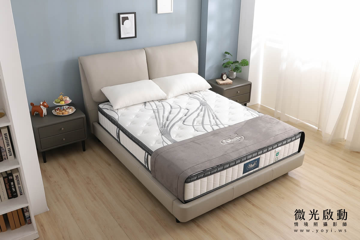 床墊家具攝影｜高支撐機能床墊與質感床架明亮情境攝影｜睡眠王國 5