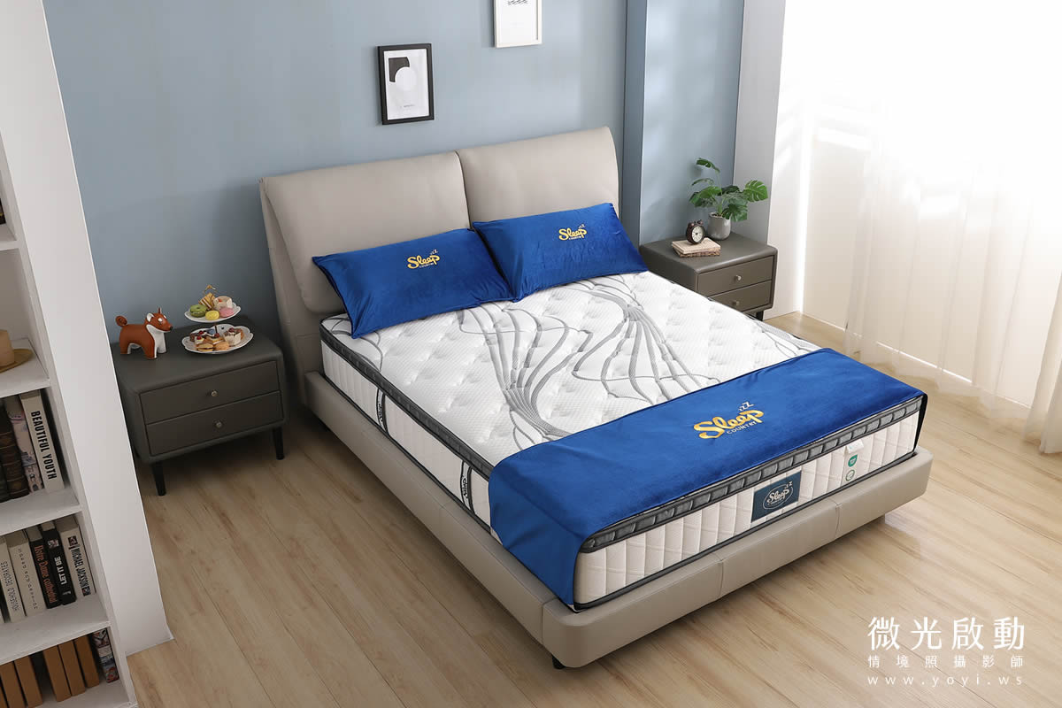 床墊家具攝影｜高支撐機能床墊與質感床架明亮情境攝影｜睡眠王國 21