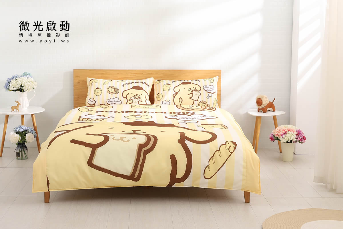 卡通聯名寢具攝影｜布丁狗童趣黃色雙人床包情境攝影 1