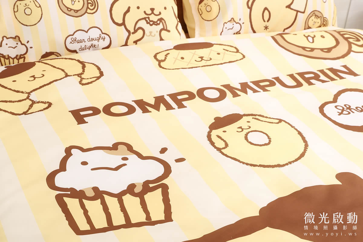 卡通聯名寢具攝影｜布丁狗童趣黃色雙人床包情境攝影 7