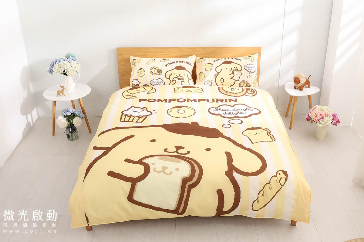卡通聯名寢具攝影｜布丁狗童趣黃色雙人床包情境攝影 9
