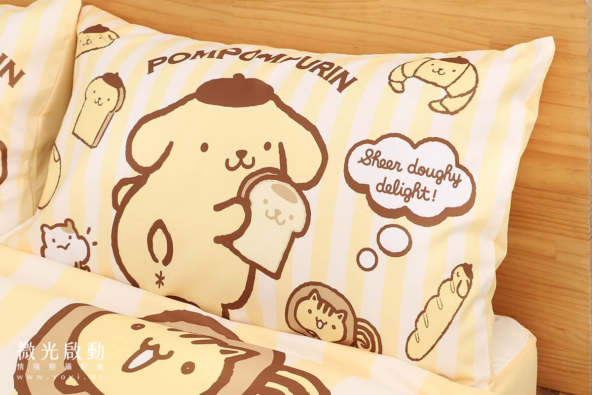 卡通聯名寢具攝影｜布丁狗童趣黃色雙人床包情境攝影 13