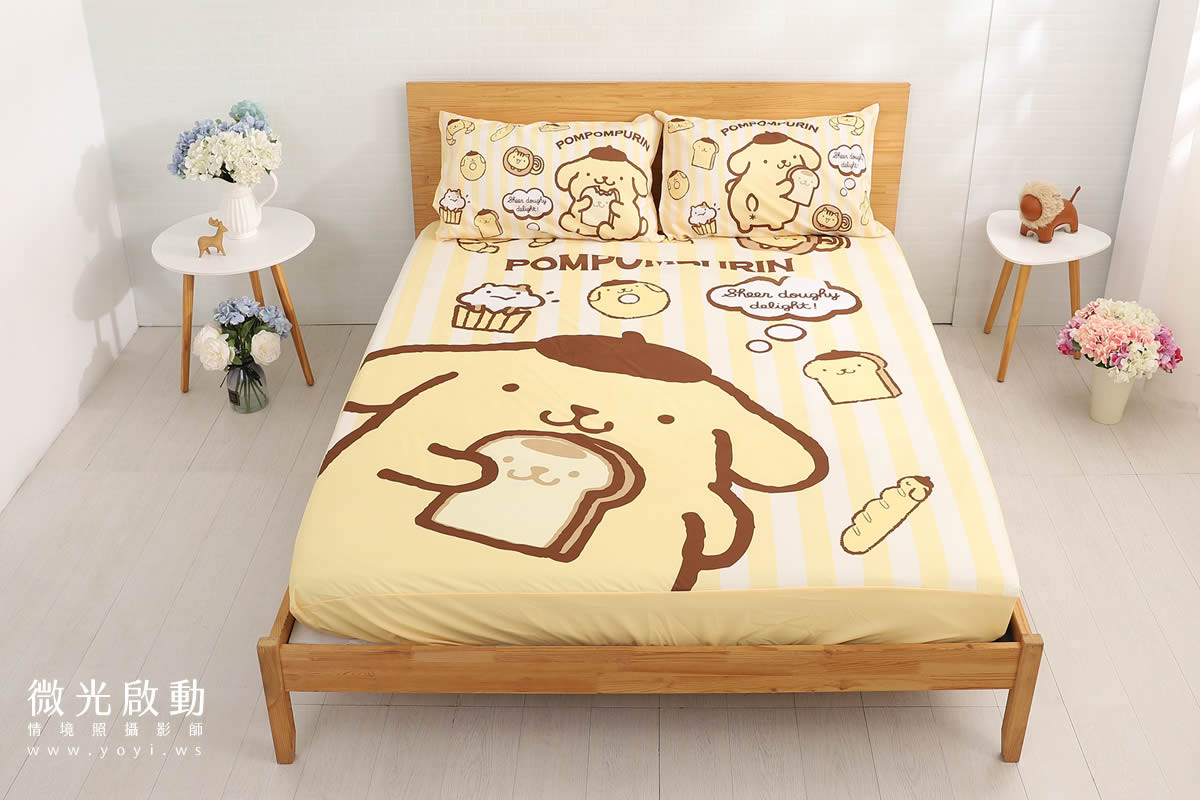 卡通聯名寢具攝影｜布丁狗童趣黃色雙人床包情境攝影 19