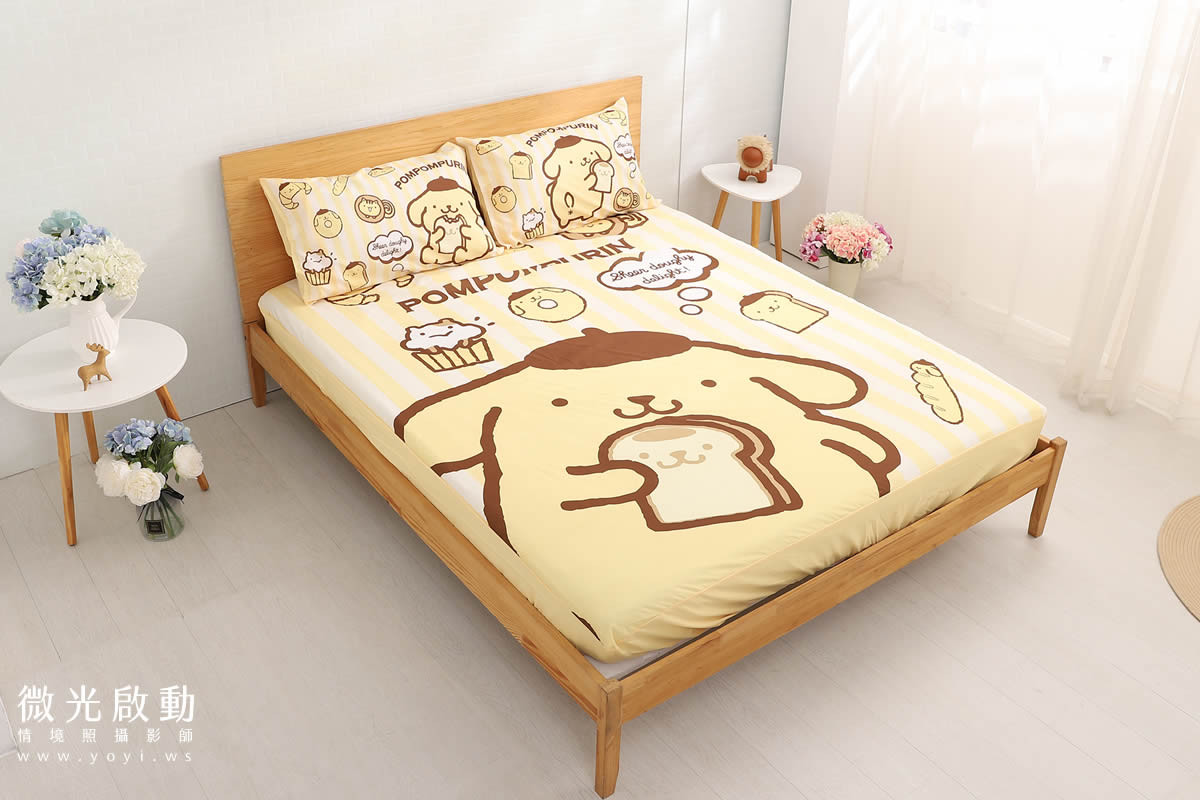 卡通聯名寢具攝影｜布丁狗童趣黃色雙人床包情境攝影 21