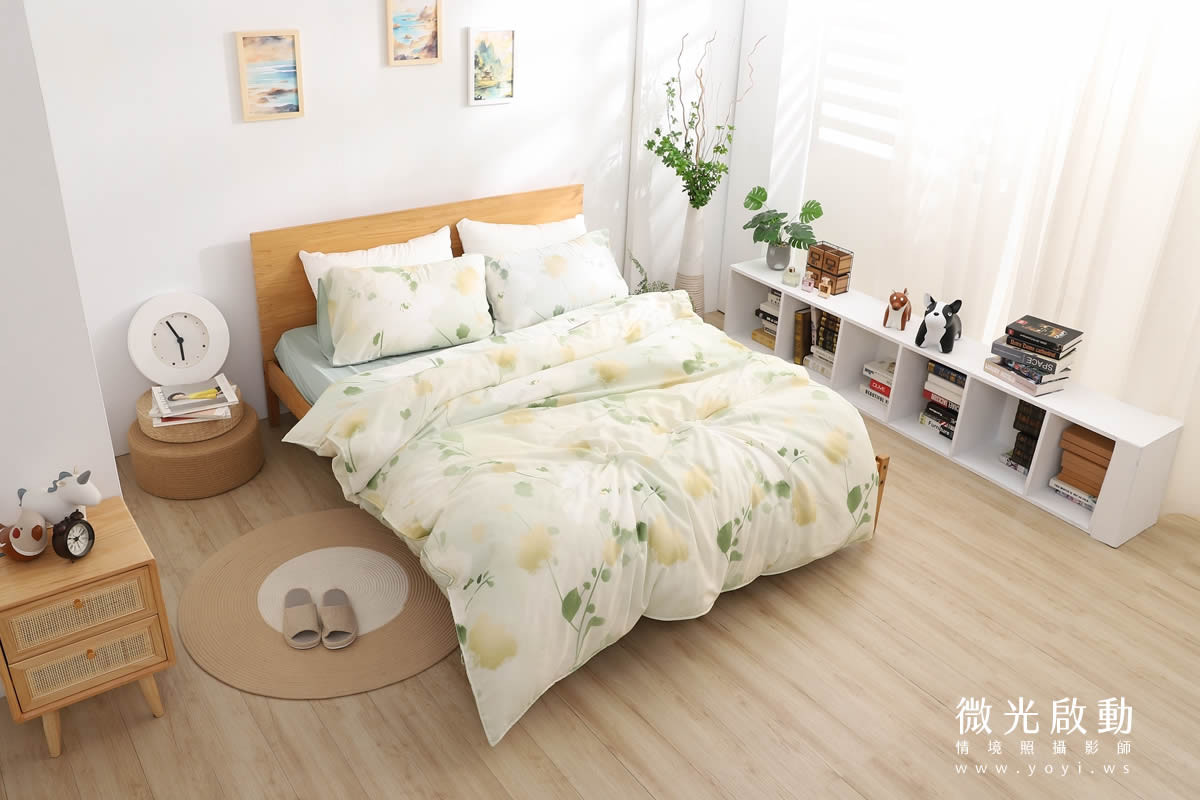 寢具商品攝影｜清新綠意圖騰雙人床包居家情境攝影｜愛利斯 105