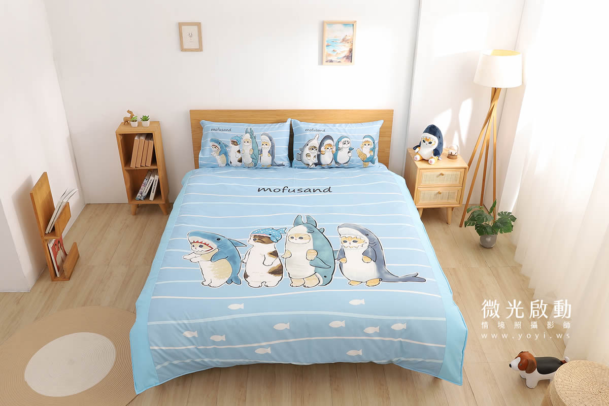 卡通聯名寢具攝影｜mofusand 鯊魚貓咪藍色床包情境攝影｜床的嫁紗 3
