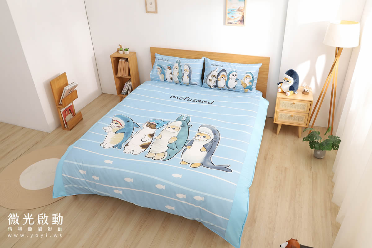 卡通聯名寢具攝影｜mofusand 鯊魚貓咪藍色床包情境攝影｜床的嫁紗 7