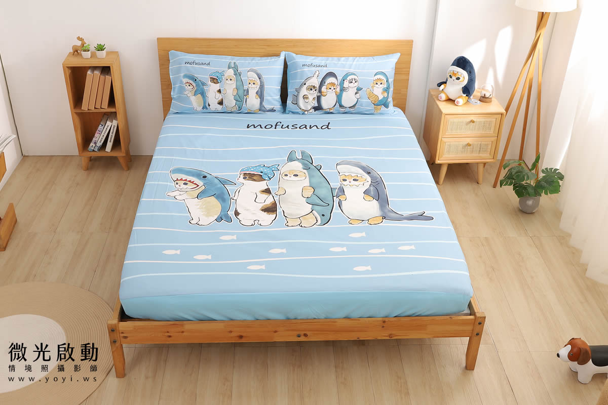 卡通聯名寢具攝影｜mofusand 鯊魚貓咪藍色床包情境攝影｜床的嫁紗 15