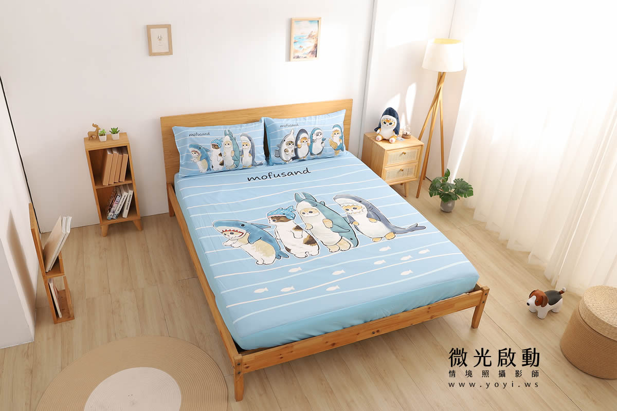 卡通聯名寢具攝影｜mofusand 鯊魚貓咪藍色床包情境攝影｜床的嫁紗 19