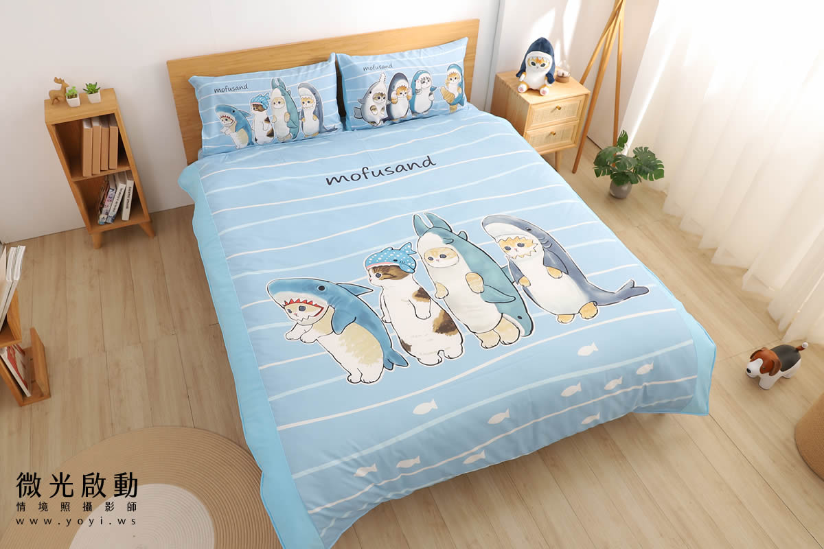卡通聯名寢具攝影｜mofusand 鯊魚貓咪藍色床包情境攝影｜床的嫁紗 25