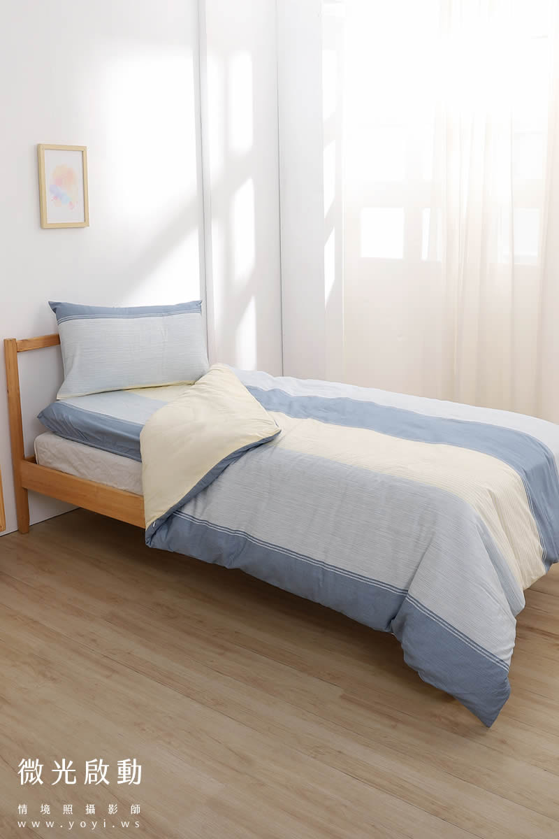 寢具商品攝影｜水藍色單人床包組模特兒情境攝影｜蓓爾國際 9
