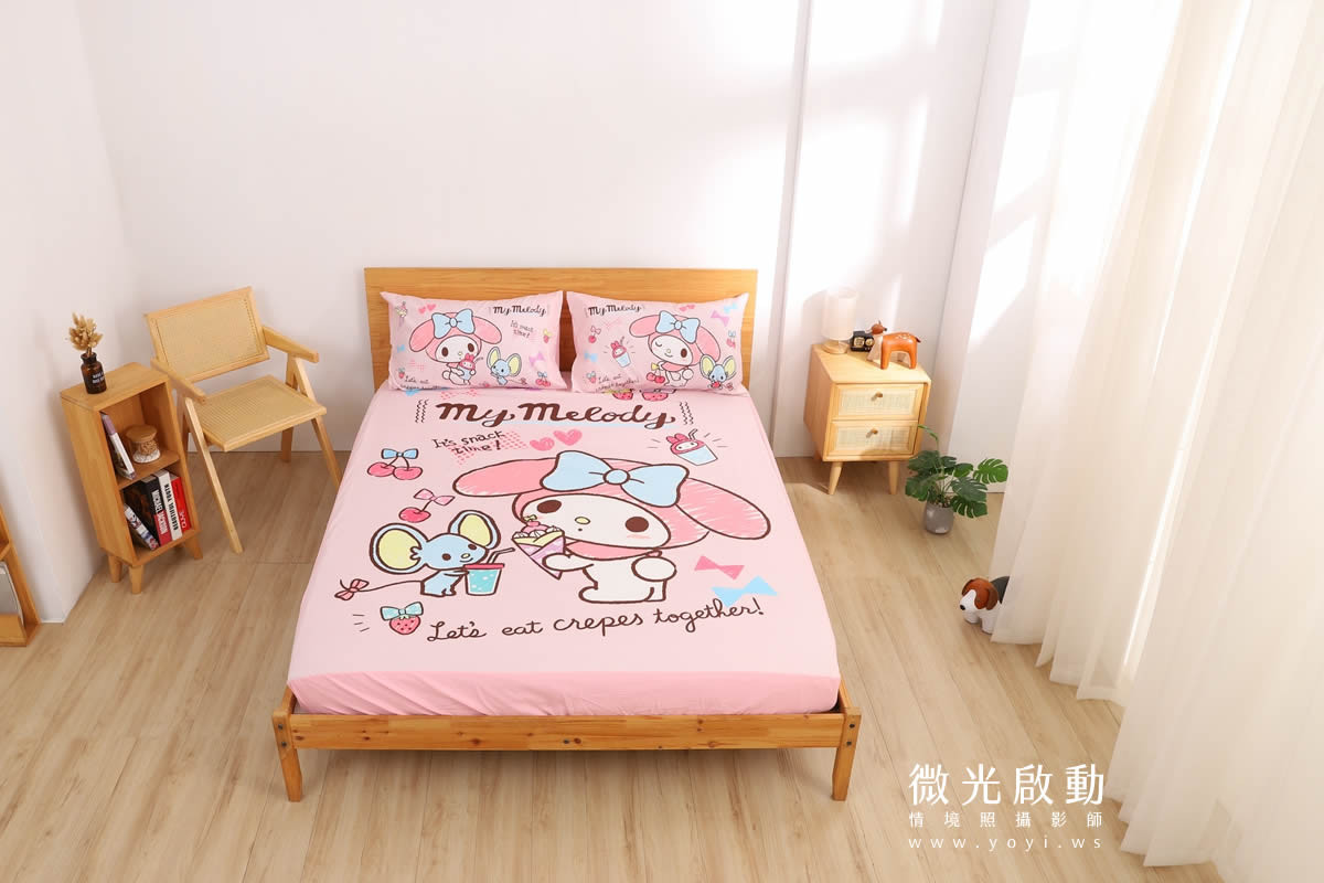 卡通聯名寢具攝影｜美樂蒂粉色童趣雙人床包情境攝影｜銘詳 59