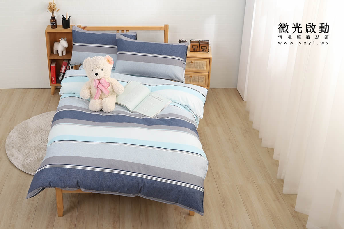 夏季寢具攝影｜藍色童趣圖騰單人床包與涼蓆情境攝影｜宜立固才 7