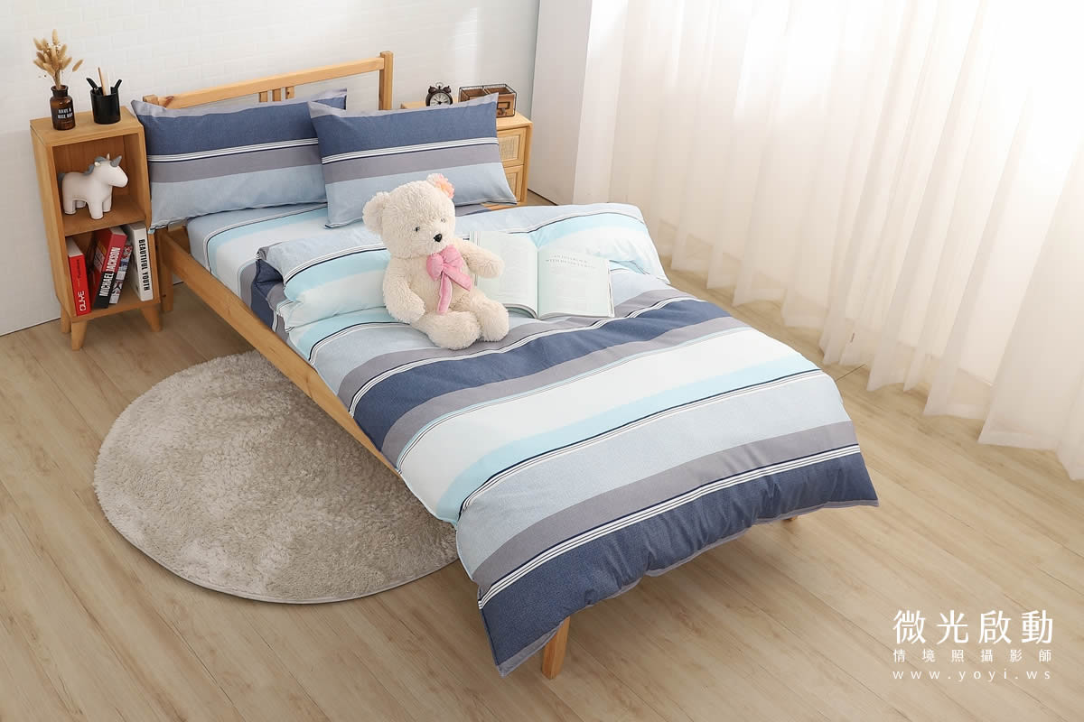 夏季寢具攝影｜藍色童趣圖騰單人床包與涼蓆情境攝影｜宜立固才 15