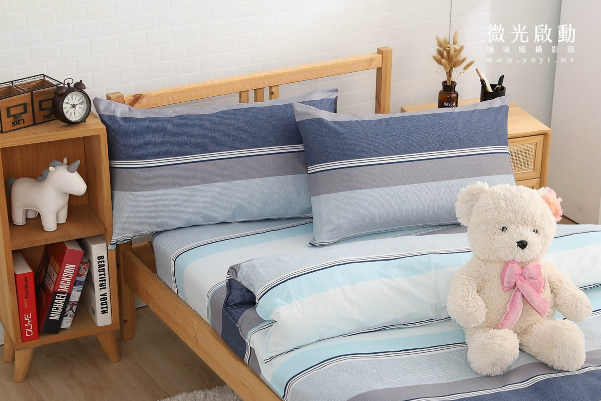 夏季寢具攝影｜藍色童趣圖騰單人床包與涼蓆情境攝影｜宜立固才 21