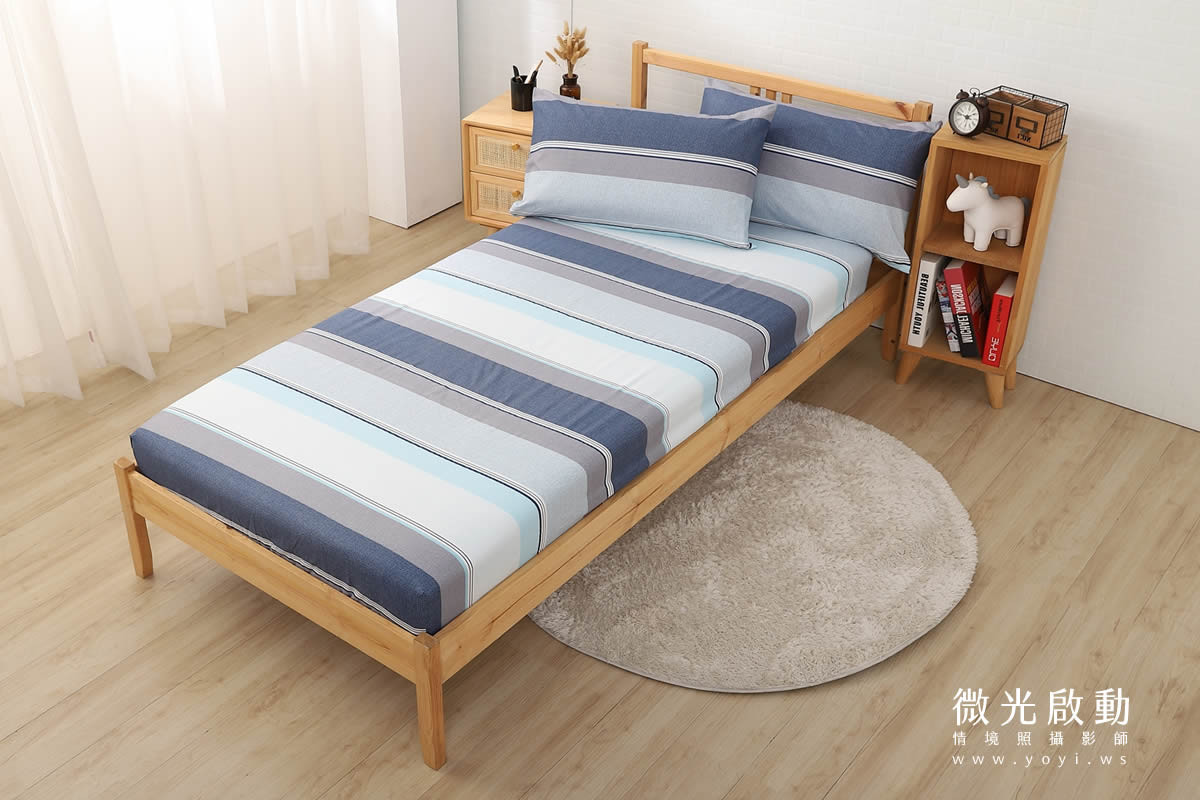 夏季寢具攝影｜藍色童趣圖騰單人床包與涼蓆情境攝影｜宜立固才 27