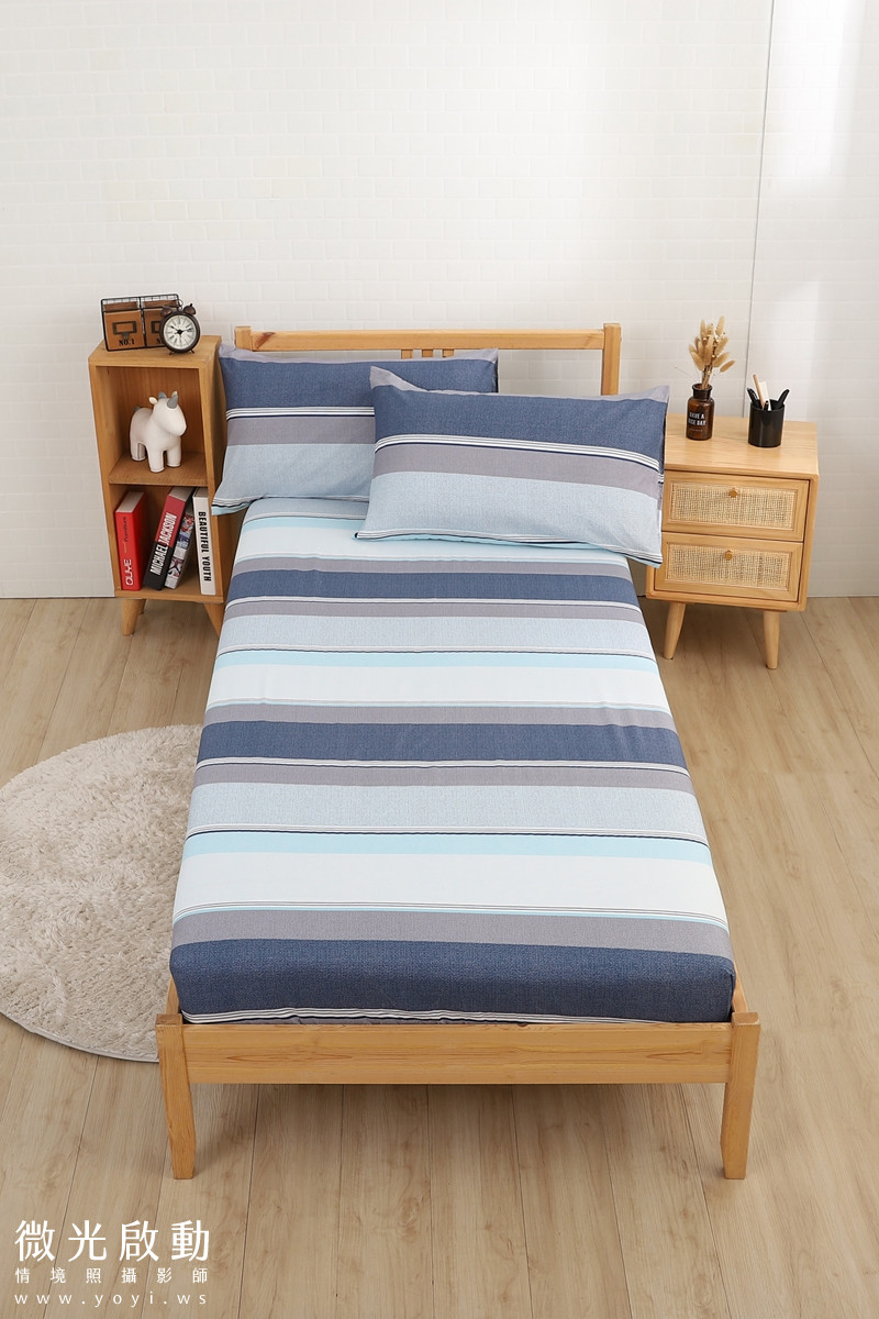 夏季寢具攝影｜藍色童趣圖騰單人床包與涼蓆情境攝影｜宜立固才 29