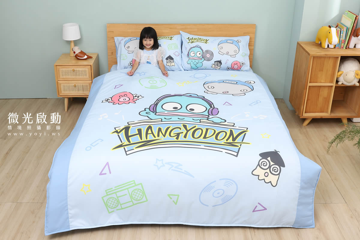 人魚漢頓正版授權兒童寢具攝影，純棉透氣材質與兒童房情境
