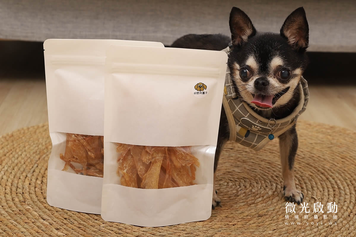 一隻可愛的黑白吉娃娃穿著格子胸背帶，站在兩包白色夾鏈袋寵物肉乾旁，包裝的透明窗可清楚看見零食。