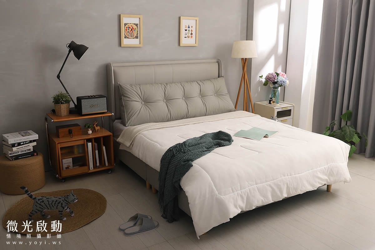 寢具商品攝影｜暖橘色調雙人床組與靠枕情境攝影 9