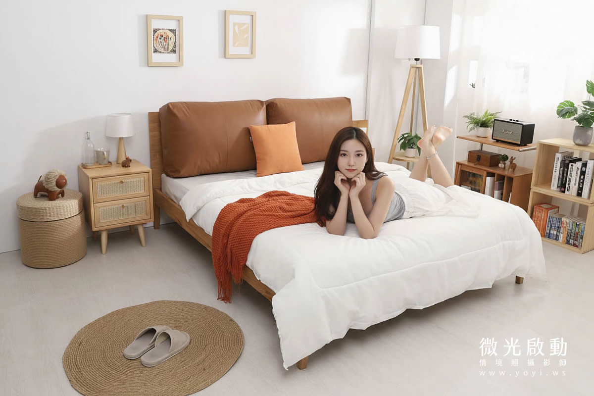 亮黃色抱枕與毯子，點亮簡約臥室，活力寢具商品攝影，營造明亮氛圍