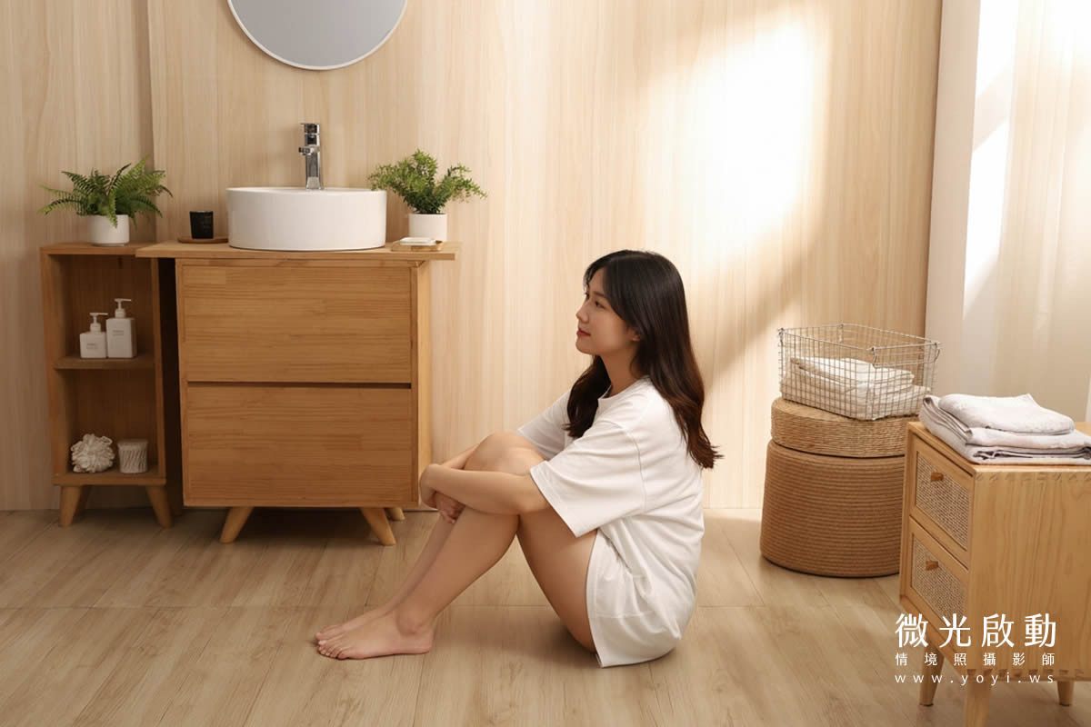 一位女性坐在實木浴室櫃前的地板上，展示產品在居家空間的自然與舒適感。