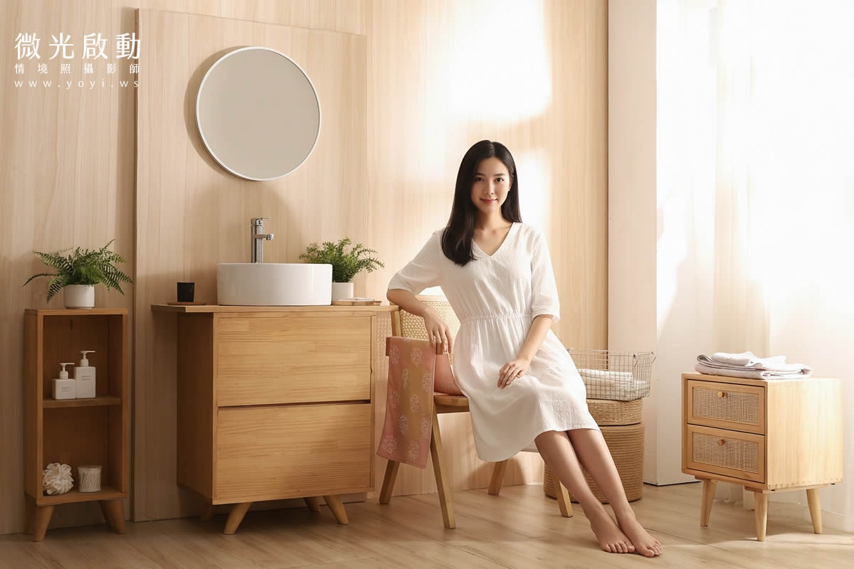 一位女性坐在實木浴室櫃旁的藤椅上，畫面溫馨舒適，展現產品的實用性與設計感。