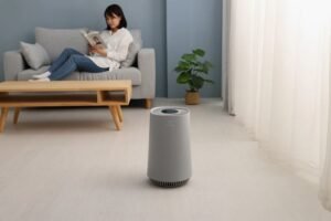 一台灰色伊萊克斯空氣清淨機放置在客廳的淺色木地板上，背景是一位女士坐在灰色沙發上看書。