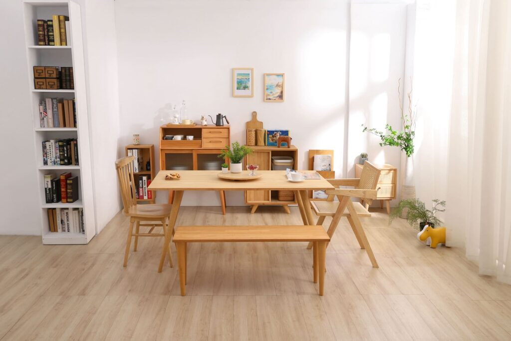 攝影棚景 北歐風餐廳書房棚景 實木餐桌餐椅傢俱攝影 白色書櫃背景佈景