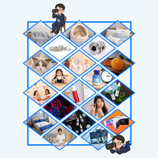 多樣化商業攝影作品集展示，包含寵物、美妝、寢具與工業產品攝影。